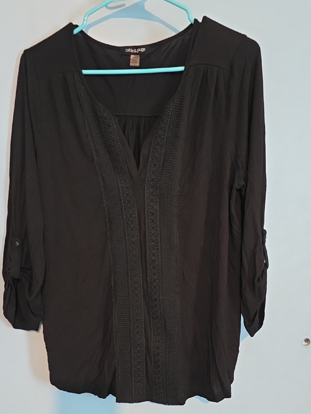 Cable & Gauge Black V-Neck Tunic with Front Embroidery